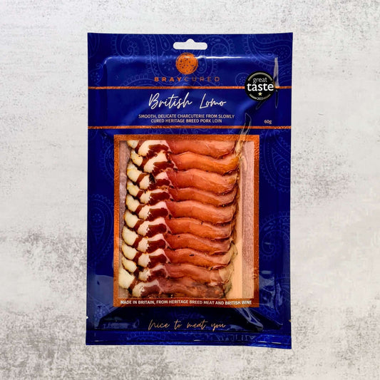 Bray Cured Classic Lomo charcuterie pack with thinly sliced cured meat, displayed in a clear plastic package.