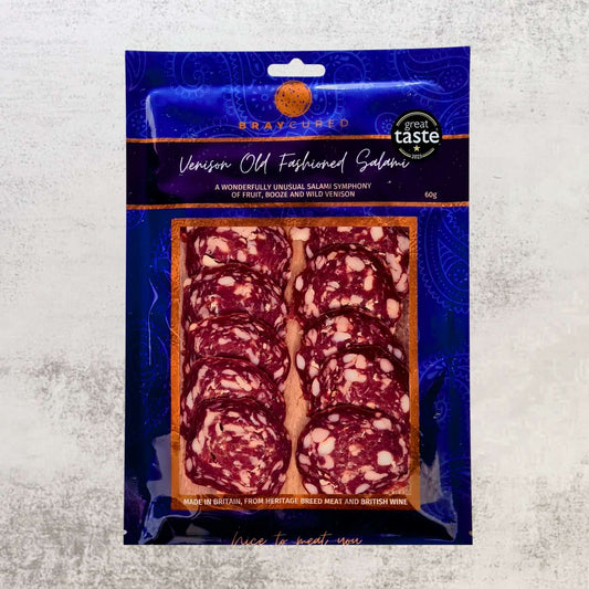 Bray Cured Venison Old Fashioned Salami pack showing sliced and whole charcuterie salami made from British venison.