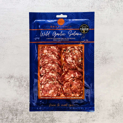 Bray Cured British Wild Garlic Salami pack showcasing slices of charcuterie with wild garlic flavor and branded packaging.