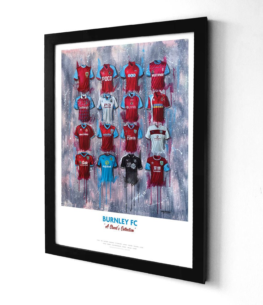 Limited edition Burnley A3 framed print featuring iconic football shirt wall art by Terry Kneeshaw Art.