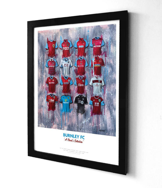 Limited edition Burnley A3 framed print featuring iconic football shirt wall art by Terry Kneeshaw Art.
