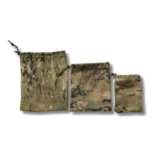 Multicam camouflage gear stash bags with mesh design from Contact Coffee Company Ltd., ideal for secure storage and organization.