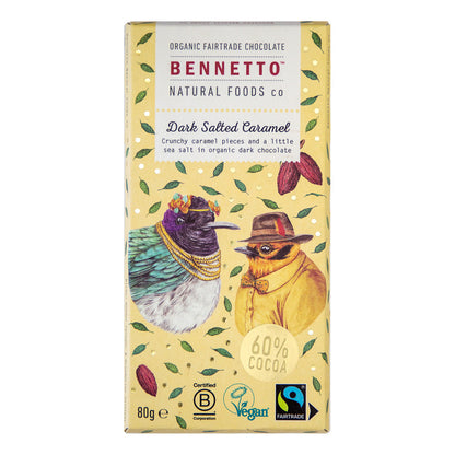 Dark salted caramel chocolate from Bennetto Natural Foods UK, featuring rich caramel and sea salt topping on smooth dark chocolate.