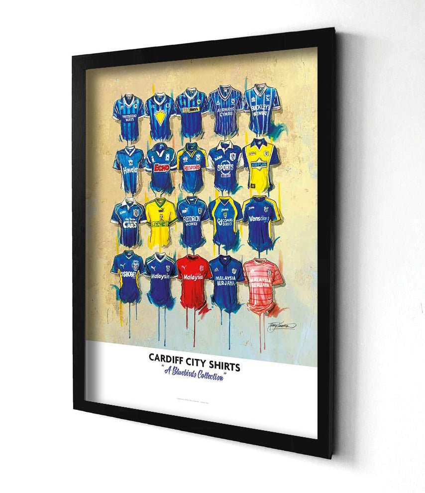 Limited edition signed print of Cardiff City FC shirts by Terry Kneeshaw Art, A2 size, featuring detailed football shirt artwork.