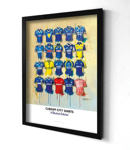 Limited edition signed print of Cardiff City FC shirts by Terry Kneeshaw Art, A2 size, featuring detailed football shirt artwork.