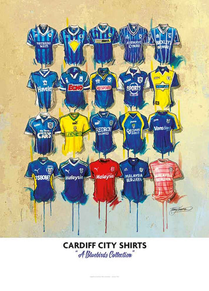Limited edition Cardiff City FC signed A2 print by Terry Kneeshaw Art featuring team shirts and club logo.