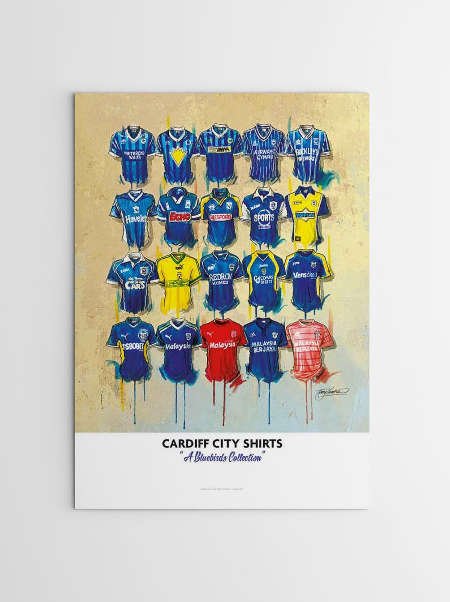 Limited edition signed print by Terry Kneeshaw Art featuring Cardiff City FC shirts, A2 size, collectible sports artwork.