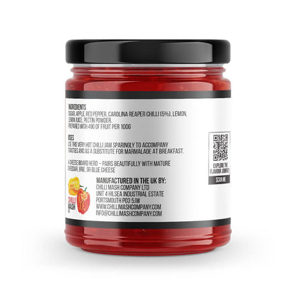 Carolina Reaper Chilli Jam by Chilli Mash Co., 190g jar with fiery red chili mash and sweet, spicy flavor.