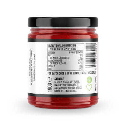 Carolina Reaper chilli jam by Chilli Mash Co. in a 190g jar, showcasing spicy, sweet chilli mash with fiery heat and vibrant red color.