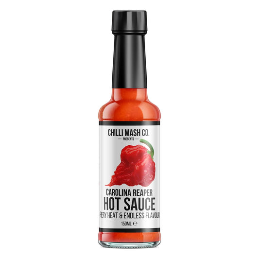 Carolina Reaper hot sauce by Chilli Mash Co. in 150ml bottle, featuring fiery heat and rich chili flavor.