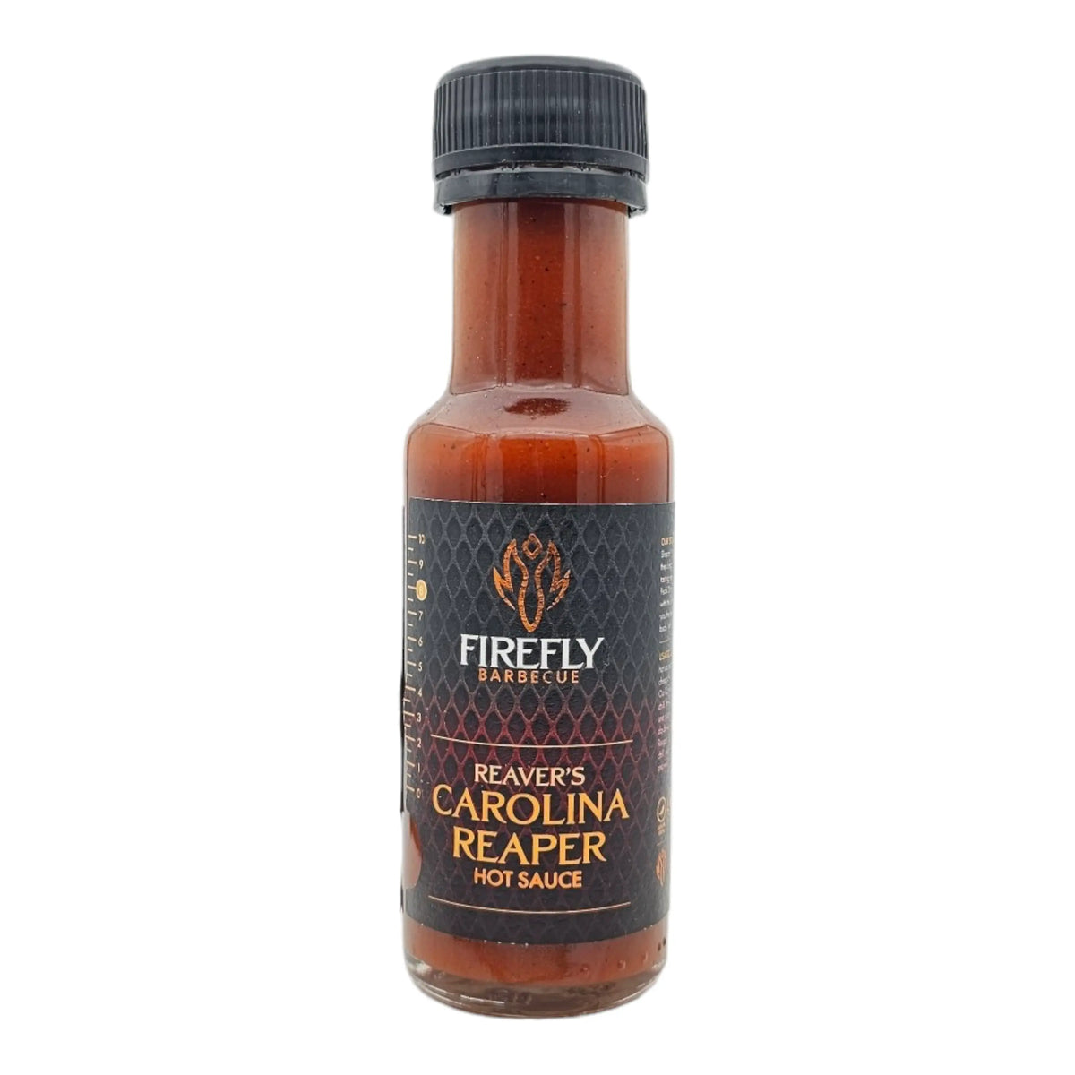 FireFly Barbecue Carolina Reaper Hot Sauce bottle with bright label, showcasing fiery red chili peppers and bold spicy flavor details.