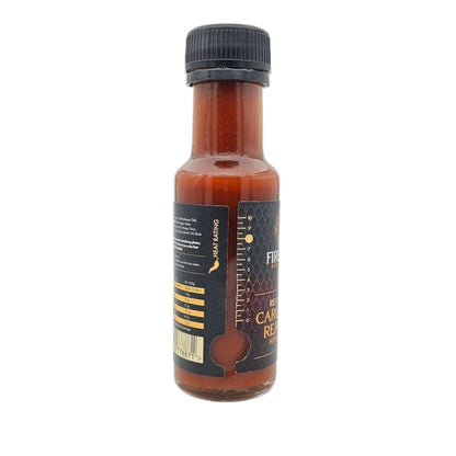 FireFly Barbecue Carolina Reaper Hot Sauce bottle with fiery red sauce, featuring a spicy chili pepper label design.