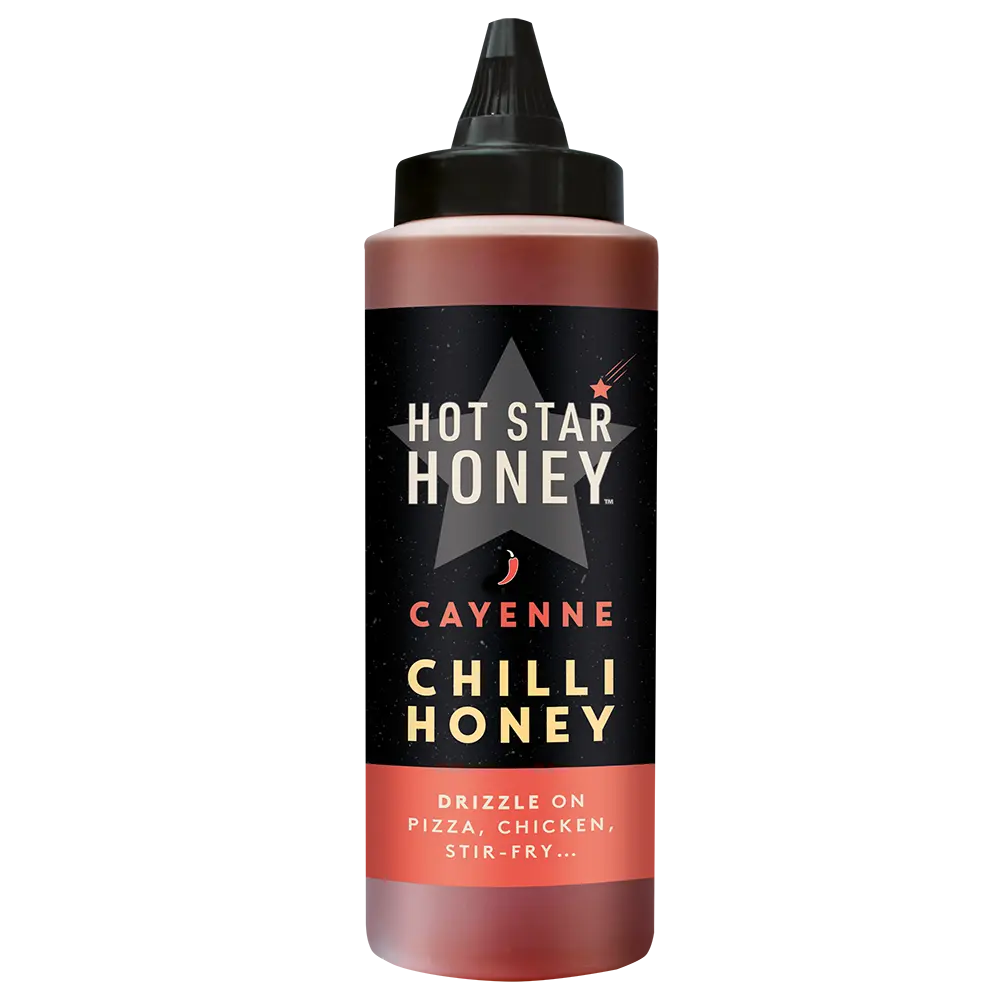 Hot Star Honey Original Cayenne Chilli Honey in a clear bottle with a red and yellow label, showcasing spicy chili honey product.
