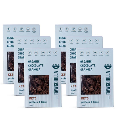Organic chocolate granola cereal from Whole Food Earth, keto-friendly, 250g package with visible clusters and chocolate pieces.