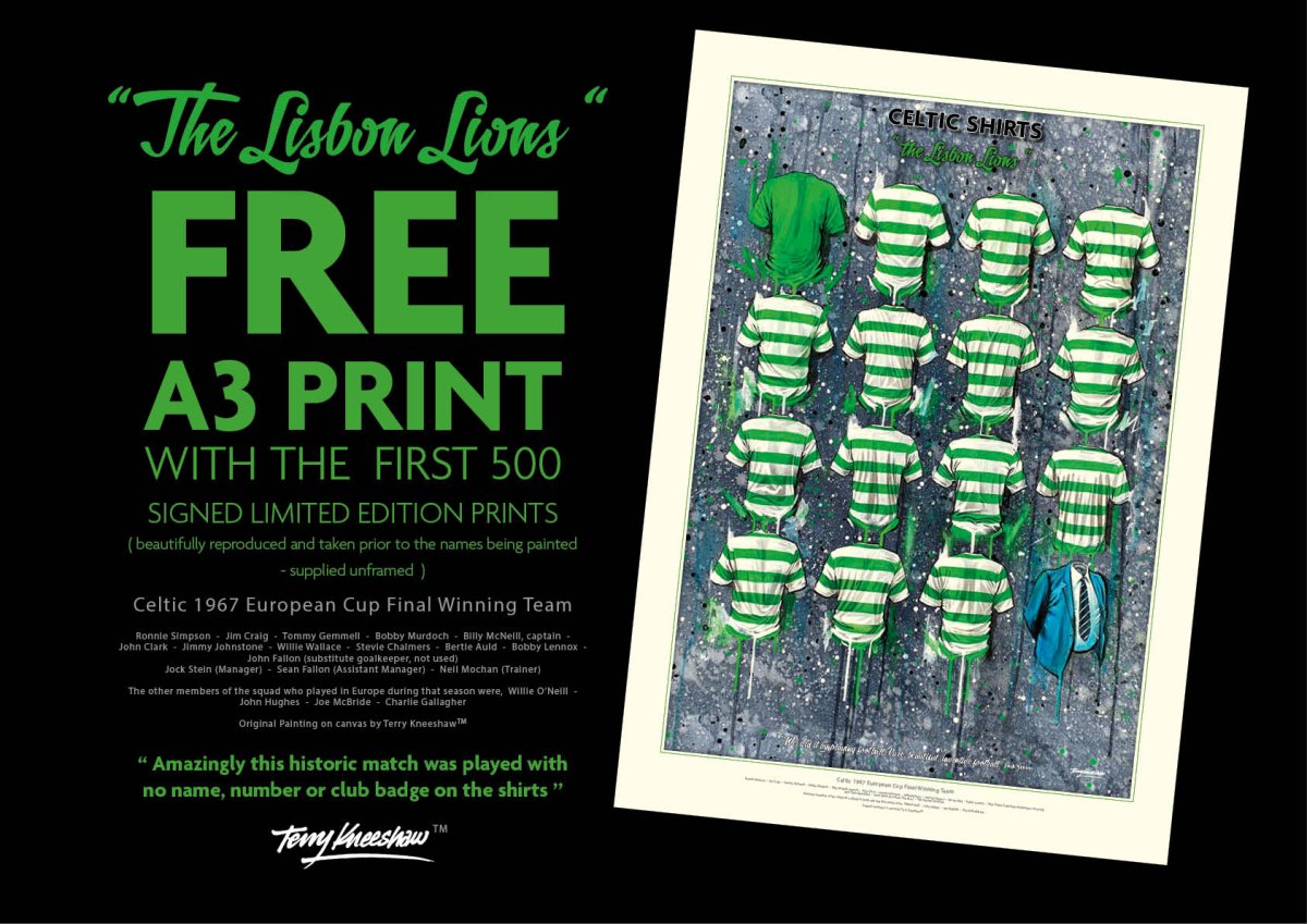 Limited edition A3 framed print of Celtic Lisbon Lions football shirt by Terry Kneeshaw Art, showcasing vibrant team artwork.