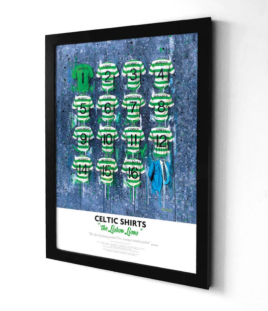 Limited edition A3 framed print of Celtic Lisbon Lions football shirt by Terry Kneeshaw Art, showcasing vibrant team details.