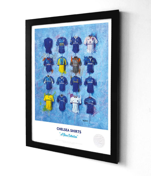 Limited edition Chelsea A3 framed print by Terry Kneeshaw Art featuring iconic blue shirts, perfect as wall art for football fans.