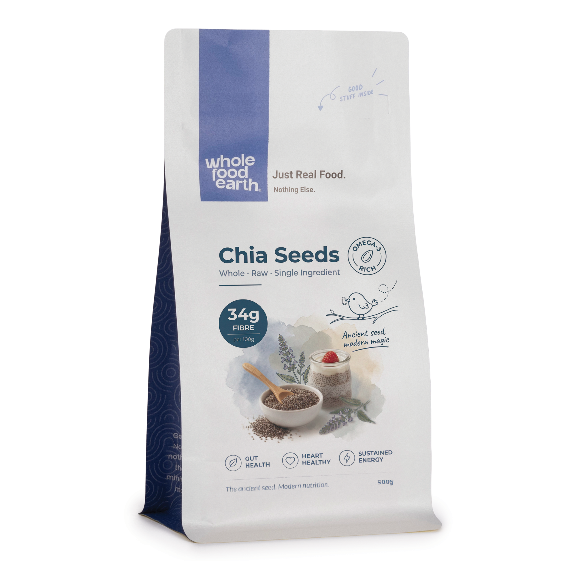 Whole Food Earth chia seeds in a clear container, showing tiny, oval-shaped seeds used as nutritious nuts and seeds.