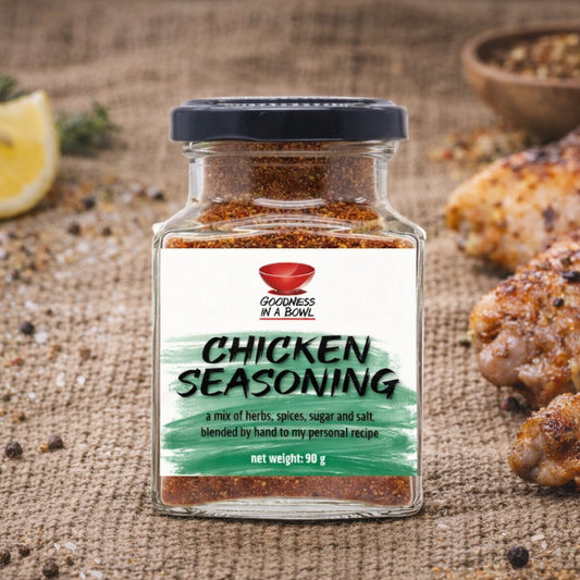Goodness in a Bowl chicken seasoning rub, close-up of a jar with the spice blend for flavorful grilled or roasted chicken.