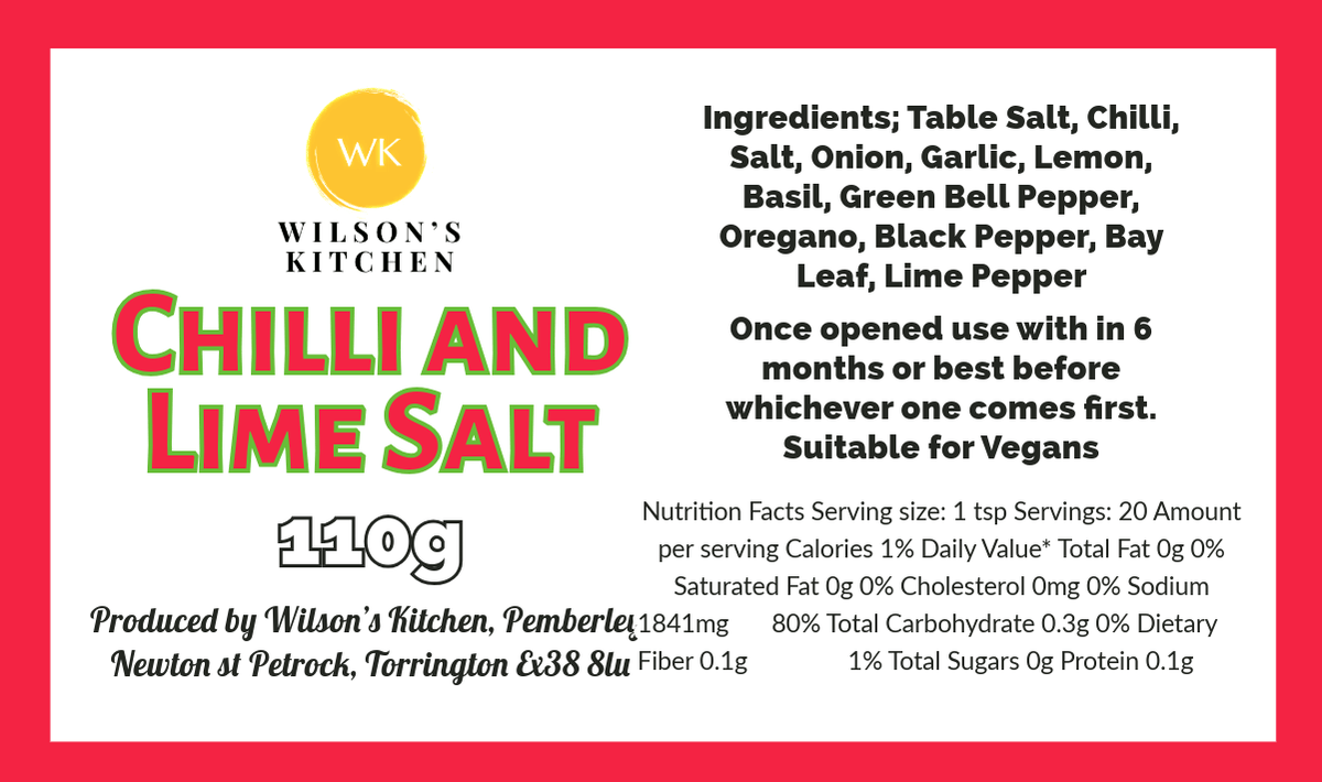 Wilson’s Kitchen Chilli and Lime Salt, vibrant cooking ingredient with red chili flakes and lime zest, perfect for seasoning dishes.