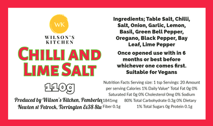 Wilson’s Kitchen Chilli and Lime Salt, vibrant cooking ingredient with red chili flakes and lime zest, perfect for seasoning dishes.