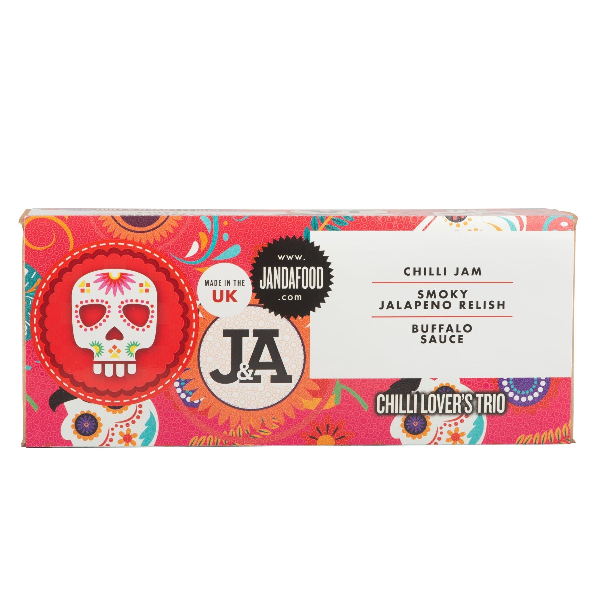 Janda Chilli Lover's Trio gift box featuring three varieties of spicy chili peppers in colorful packaging.
