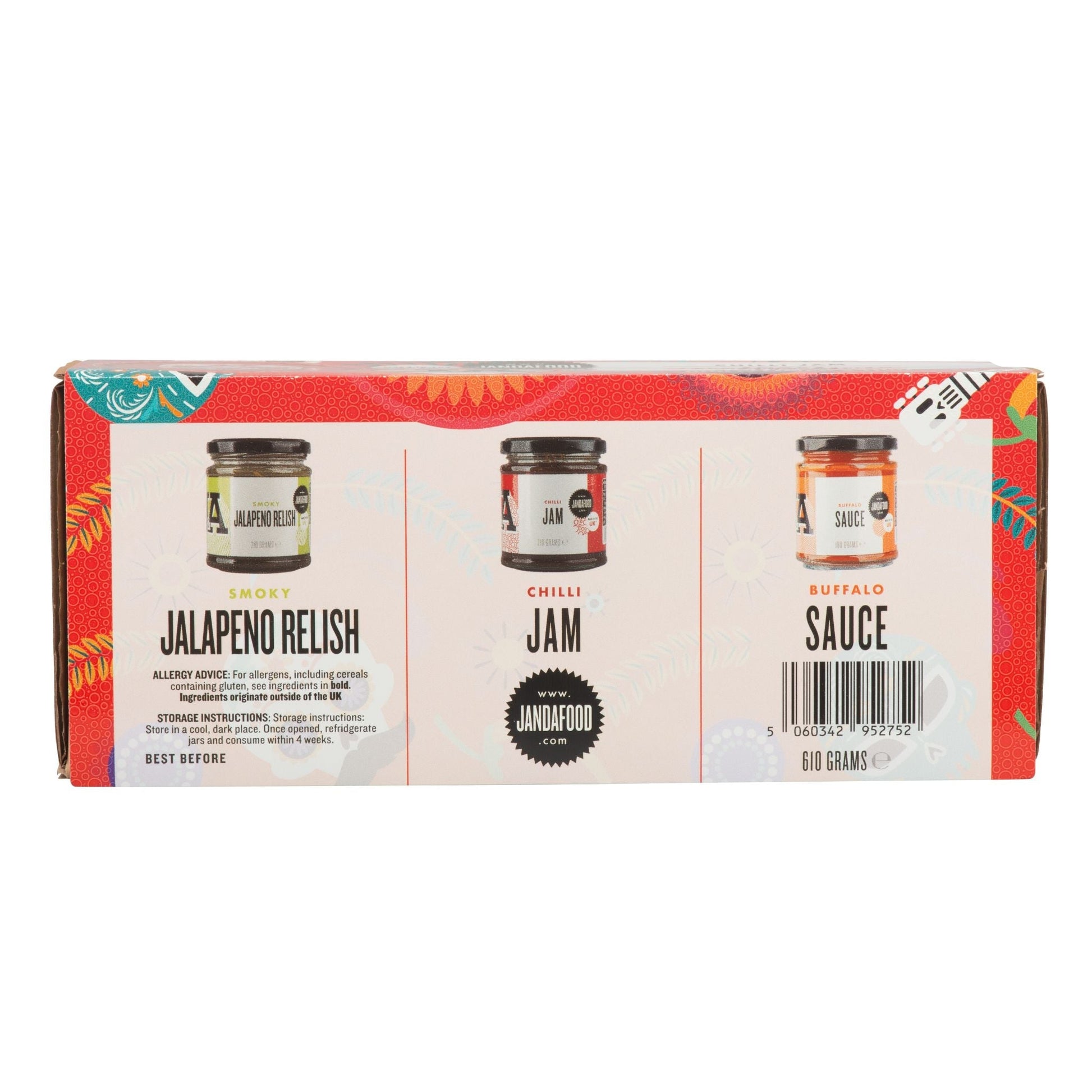 Janda Chilli Lover's Trio gift box with three varieties of spicy chili products in decorative packaging