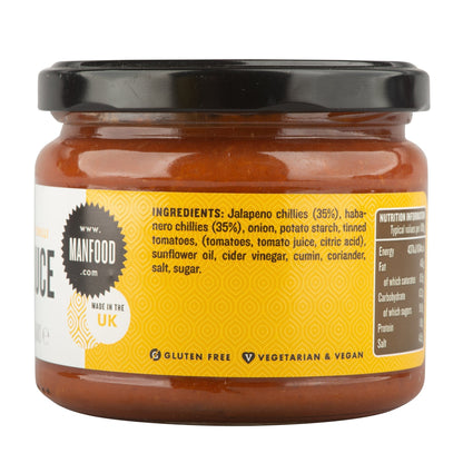 Spicy Manfood chilli sauce in a glass bottle, showcasing vibrant red chili peppers and sauce inside.