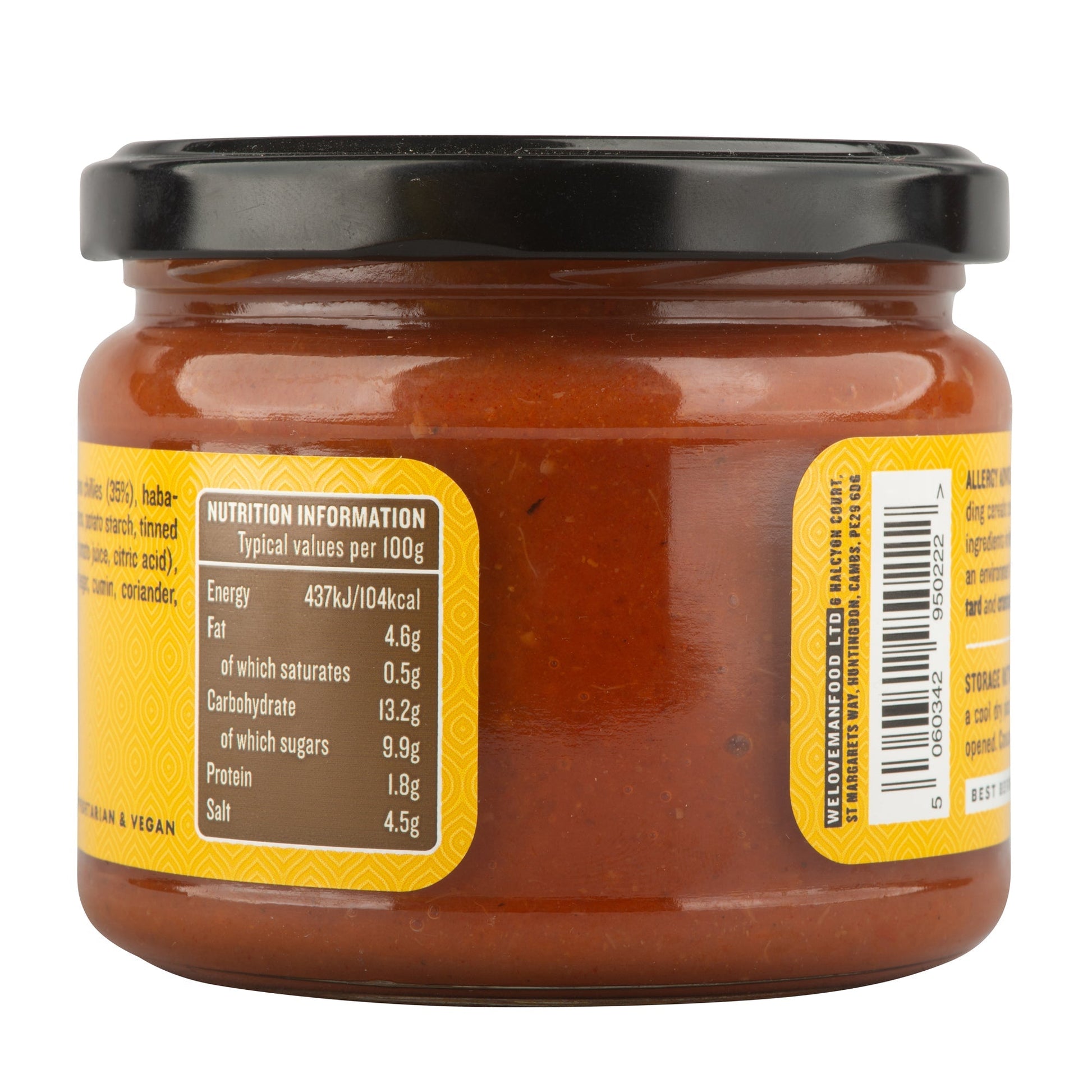 Manfood chili sauce bottle with vibrant red chili peppers, showcasing the spicy sauce in a clear glass container.