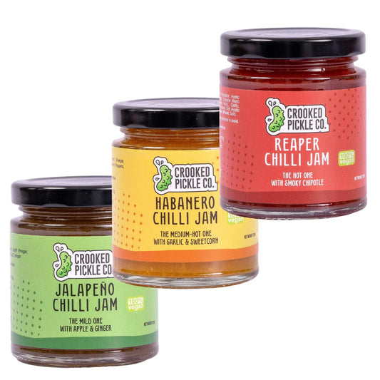 CROOKED PICKLE CO Chilli Jam Trio featuring three jars of spicy, flavorful chilli jams for heat lovers and gourmet cooking.
