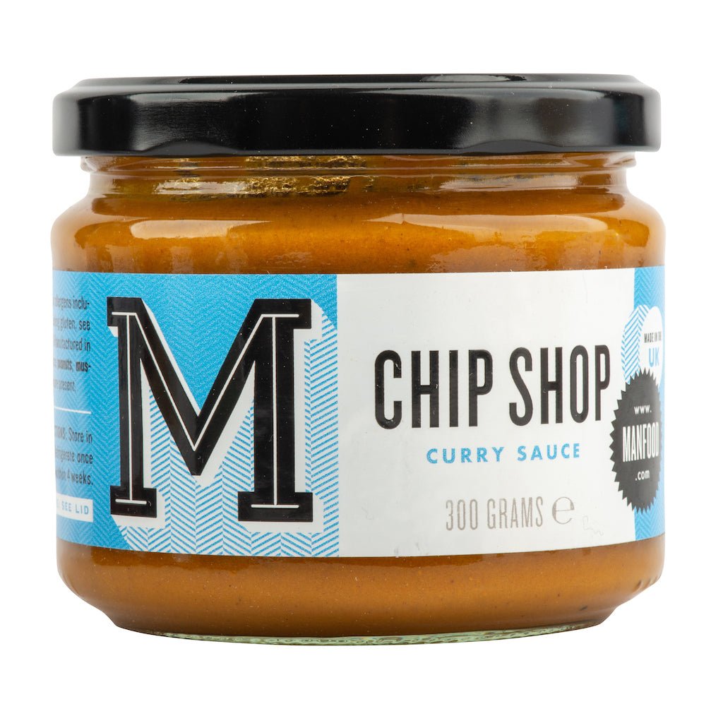 Manfood Chip Shop Curry Sauce in a jar, showcasing the rich, golden curry sauce ideal for dipping or pouring on dishes.