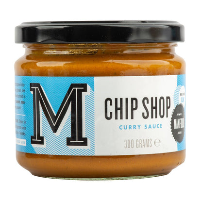 Manfood Chip Shop Curry Sauce in a jar, showcasing the rich, golden curry sauce ideal for dipping or pouring on dishes.