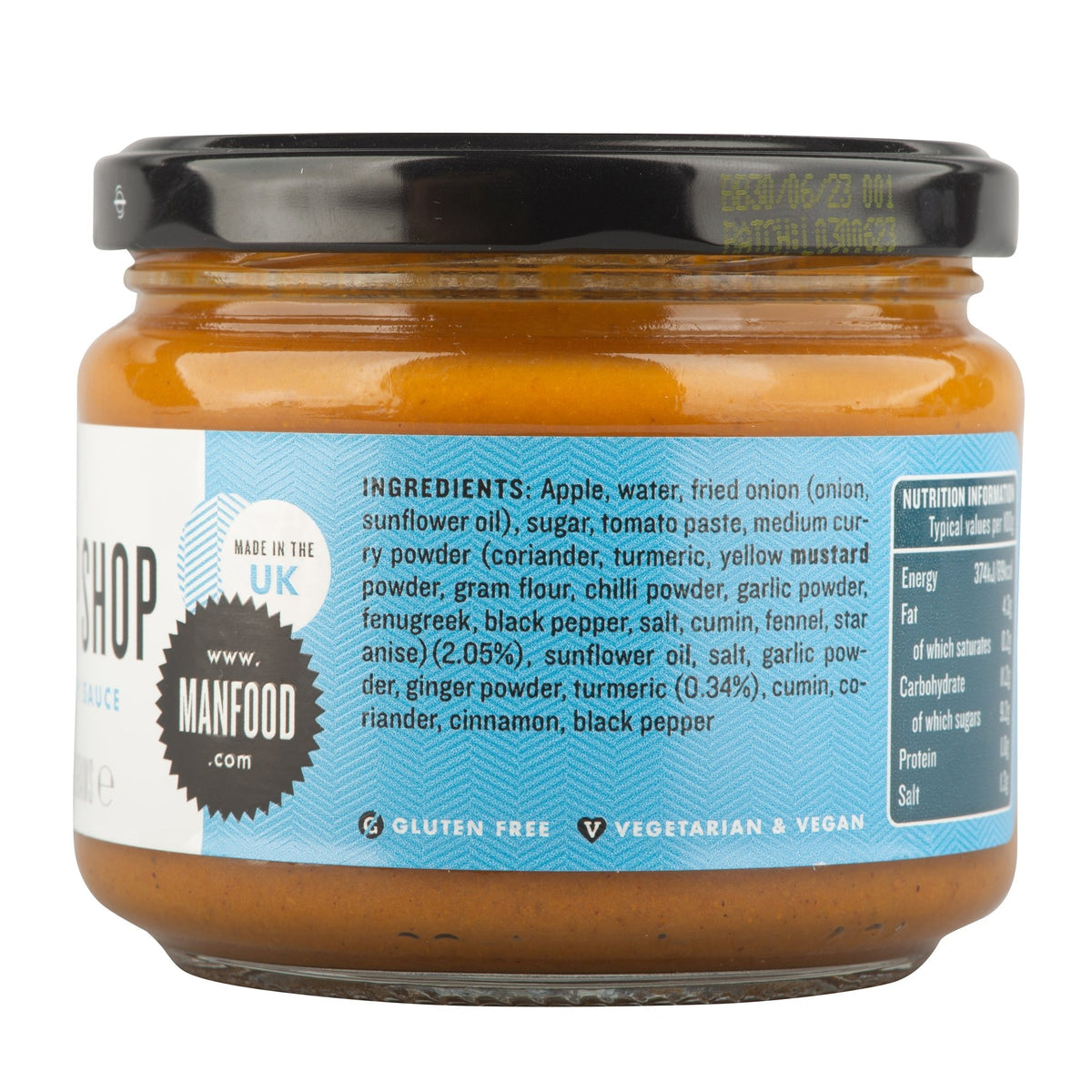 Manfood Chip Shop Curry Sauce in a jar, showcasing the rich, smooth curry sauce with a golden-brown color, perfect for dipping or pouring.