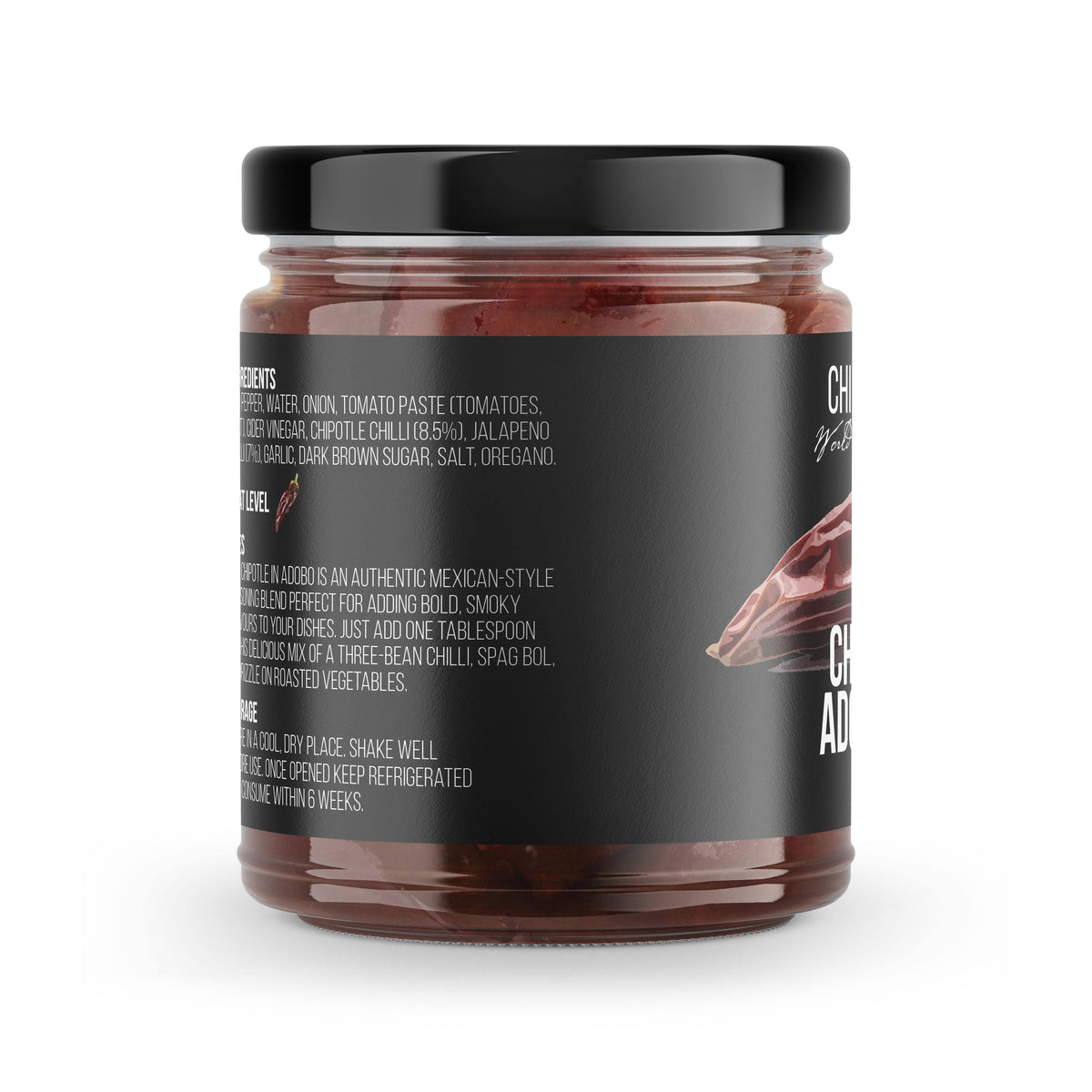 Spicy chipotle adobo paste in a 190g jar from Chilli Mash Co., showcasing the rich, smoky chili mash in a glass jar.