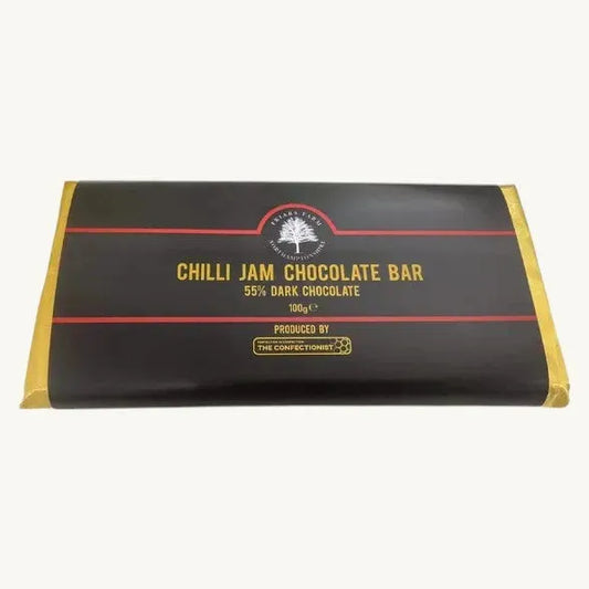 Friars Farm Chilli Jam Chocolate Bar showing dark chocolate with visible chili flakes on the surface.