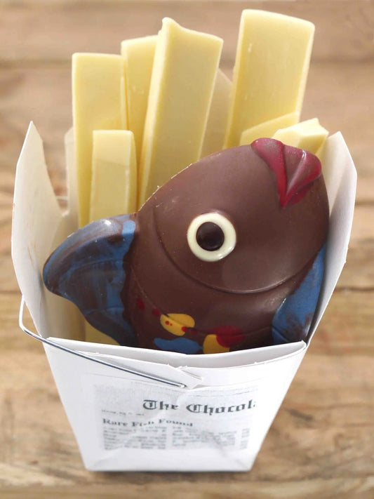 Chocolate fish and chips novelty by Gorvett & Stone, featuring detailed milk and white chocolate animal shapes on a white background.