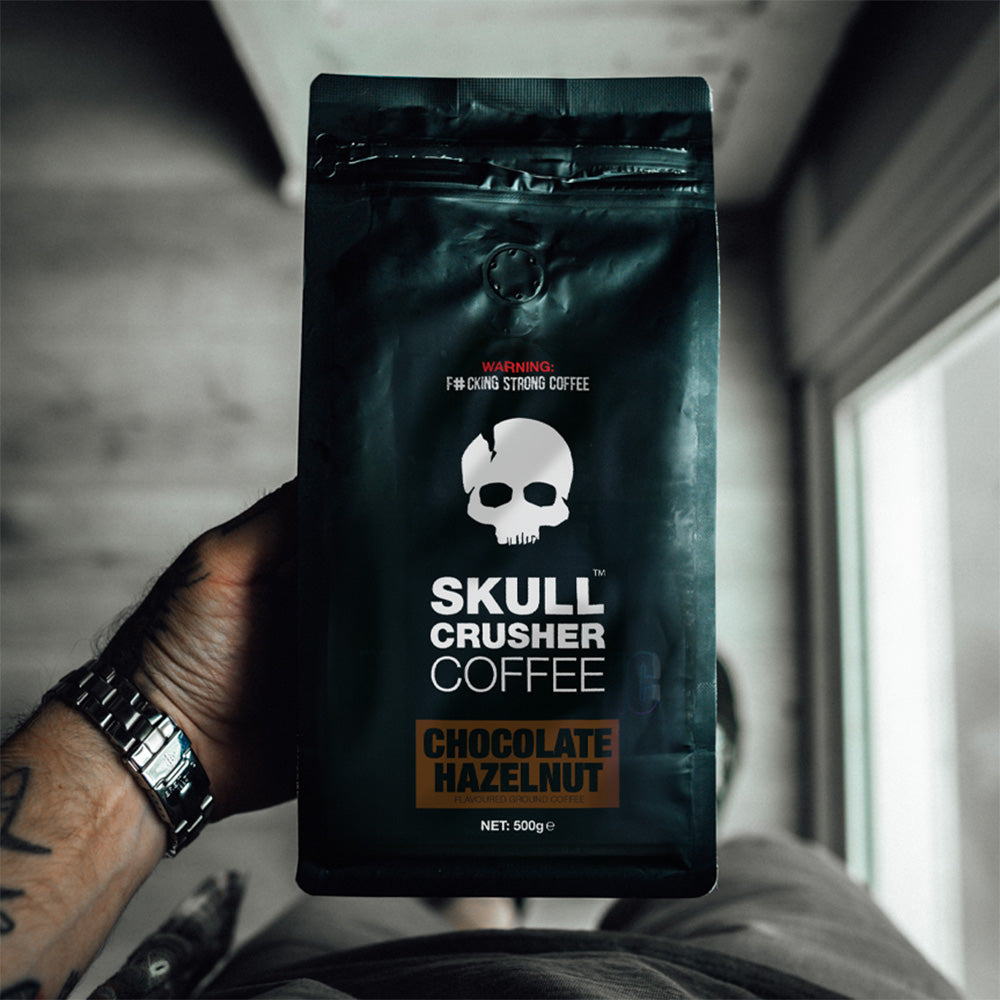 Skull Crusher Coffee Chocolate Hazelnut coffee bag featuring a textured chocolate and hazelnut design with a Ted hand illustration