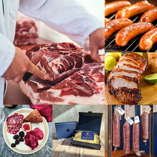 Bray Cured nose to tail pork butchery and charcuterie course gift card with images of chorizo and salami on a square card.
