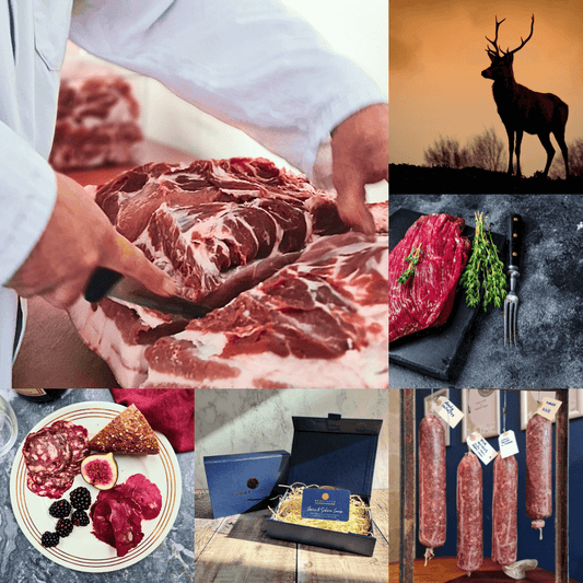 Bray Cured venison butchery and charcuterie course gift card with chorizo and salami images on a square card.