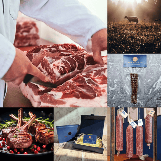 Bray Cured Hogget butchery and charcuterie course gift card with images of chorizo and salami on a square card.
