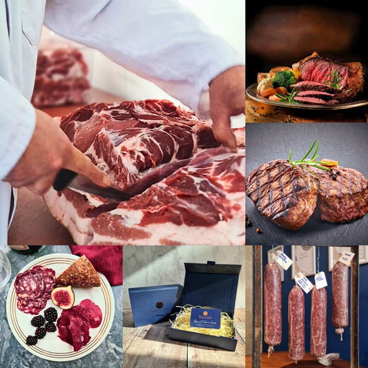 Bray Cured beef butchery and charcuterie course gift card featuring images of chorizo and salami in a square format.