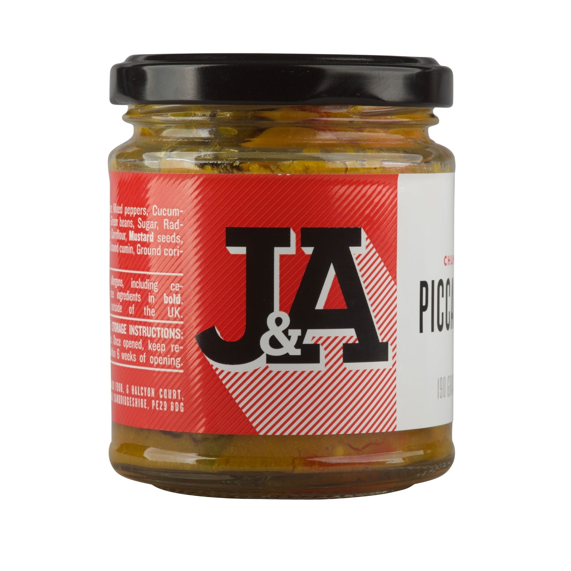 Jar of Janda chunky piccalilli with visible large vegetable chunks and a vibrant yellow-green color on a white background.