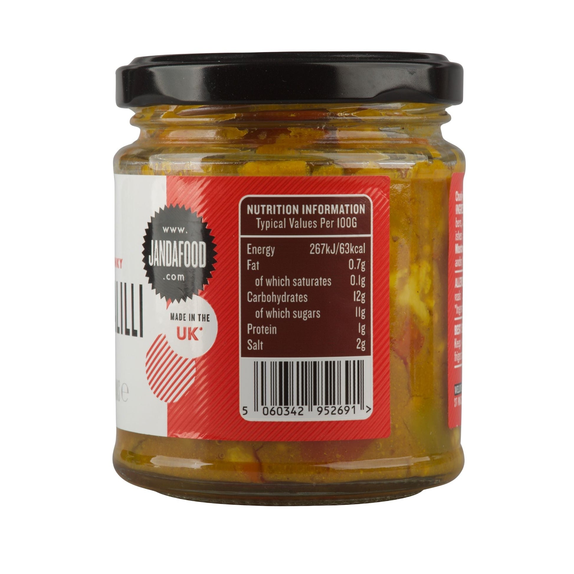 Janda Chunky Piccalilli jar showcasing vibrant yellow and green chunky vegetable pieces in a traditional pickle mixture.