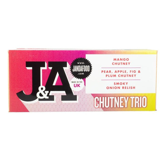 Janda Chutney Trio gift box featuring three jars of flavorful chutneys in a decorative box.