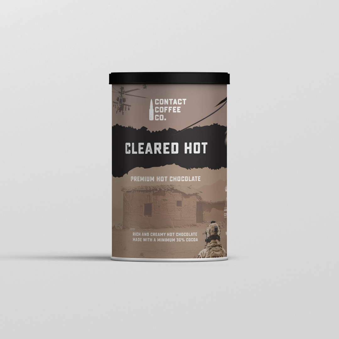 Front view of Contact Coffee Company Ltd.'s Cleared Hot premium hot chocolate coffee package, showcasing the product label and design.