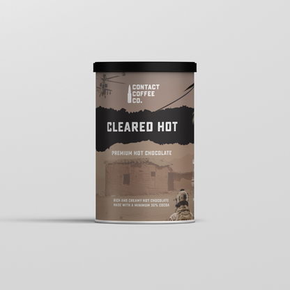 Front view of Contact Coffee Company Ltd.'s Cleared Hot premium hot chocolate coffee package, showcasing the product label and design.