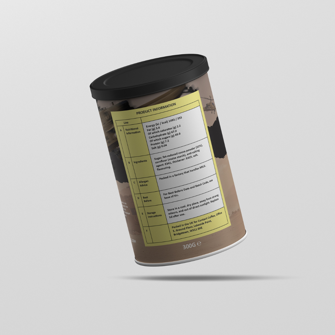 Rear view of a Contact Coffee Company Ltd. Cleared Hot premium hot chocolate coffee cup with rich, creamy beverage inside.