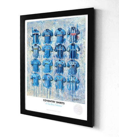 Limited edition Coventry City A3 framed print by Terry Kneeshaw, featuring Sky Blues wall art with vibrant team imagery.