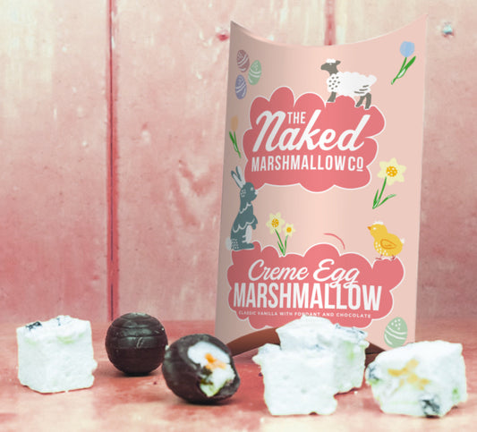 Cream Egg Gourmet Marshmallows by THE MARSHMALLOW FACTORY, featuring fluffy marshmallows infused with Cadbury Creme Egg flavor and colorful toppings.