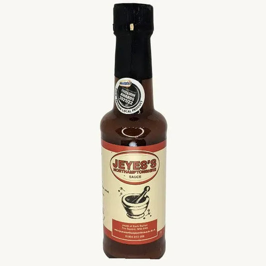 Friars Farm Jeyes Northamptonshire Sauce 200g jar with label, showcasing rich, dark sauce in a glass jar.